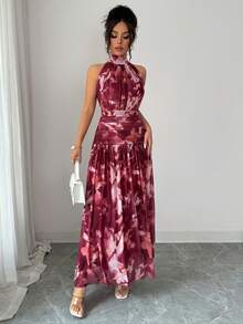 Elenzga Women Elastic Mesh Abstract Print Halter Backless Sleeveless Ruched A-Line Maxi Dress,Dusty Pink,Summer,Elegant,Vacation,Chestnut Color,Retro Casual - Maroon - View 5