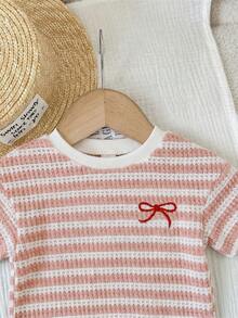 SHEIN LMoss Kids 女嬰條紋蝴蝶結裝飾圓領短袖T恤與短褲套裝 - 粉色 - 查看 5