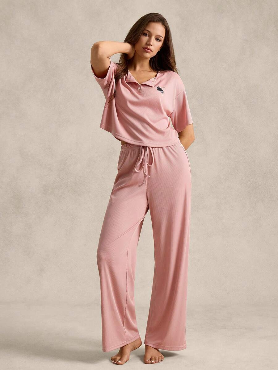 Women's English Style Light Pink Rib Fabric Black Knight Print Henley Neck Short Sleeve Pajama Set - Dusty Pink - View 1