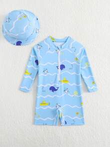 SHEIN Blue Summer Cute Vacation Holiday Infant Baby BoyWhale Print Long Sleeve Rash Guard One-Piece Swimsuit With Sun Hat 2pcs Set,Quick-Drying Swimwear - Blue - View 5