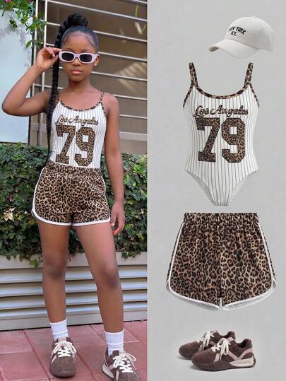 SHEIN 2pcs/Set Teen GirlKnitted Leopard Print & Letter Pattern Camisole And Shorts Set, Suitable For Sports, Cycling, Running, Basketball And Multi-Occasion Wear