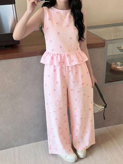 SHEIN Conjunto de ropa casual de vacaciones para adolescentes con top sin mangas a rayas azul y blanco con botones de madera y pantalones rectos. Adecuado para vacaciones de primavera/verano, fiestas, elegante, vuelta al colegio, lindo, picnics familiares al aire libre en primavera, uso diario