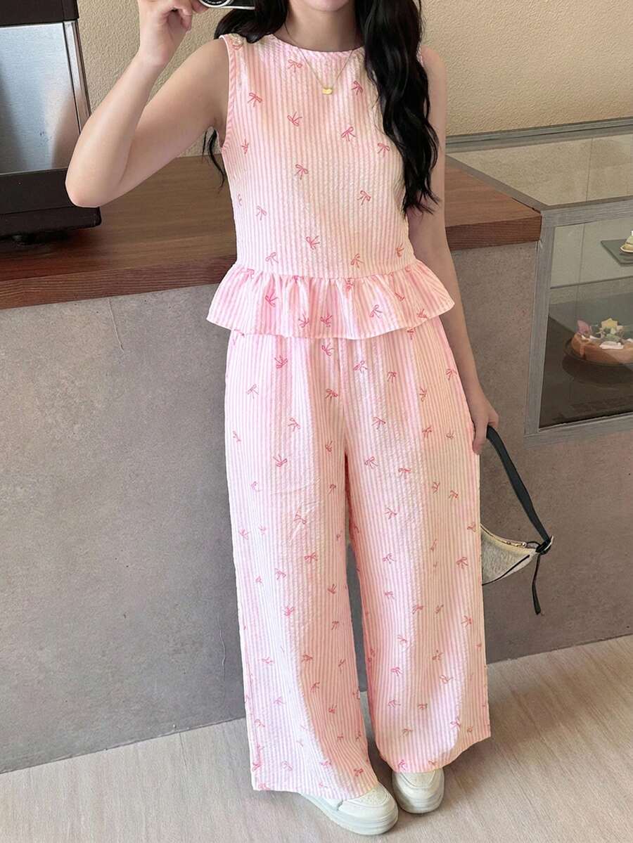 SHEIN 少女蓝白条纹无袖上衣,配木质纽扣和直筒裤,休闲度假套装,适合春夏假期、派对、优雅场合、返校季、可爱装扮、家庭户外春季野餐、日常穿着。 - 粉色 - 查看 1