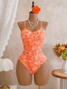 Swim Vcay 1pc Women's One-Piece Swimsuit With Shell & Conch Print, Circular Ring Ruched Fashionable Casual Summer Holiday Beach Swimwear - Orange - View 2