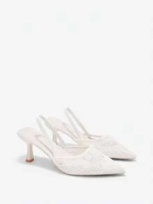 Women's 7cm High Heel Mesh Floral Sandals, Black Pointed Toe Kitten Heel Elastic Strap Sandals, Fairy Style - White - View 5