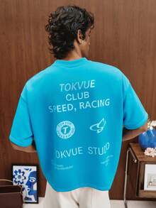 TOKVUE Men's Contrast Color Letter Print Round Neck Short Sleeve T-Shirt - Blue - View 3