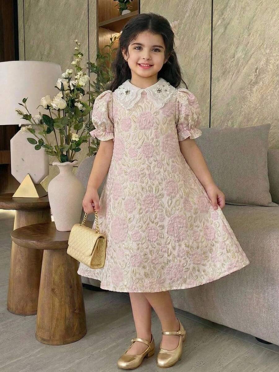SHEIN 女童休闲可爱荷叶边领花瓣袖连衣裙 - 黑色 - 查看 1