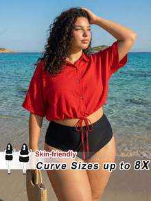 SHEIN CURVE+ Plus Size Women's New Spring Summer Vacation Casual Texture Fabric Red Short Sleeved Shirt - Red - View 1