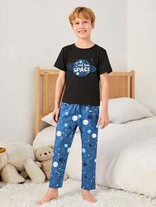 2 件套中大童黑色简约时尚满印太空元素圆领短袖上衣和休闲长裤家居服套装 - 黑色 - 查看 1