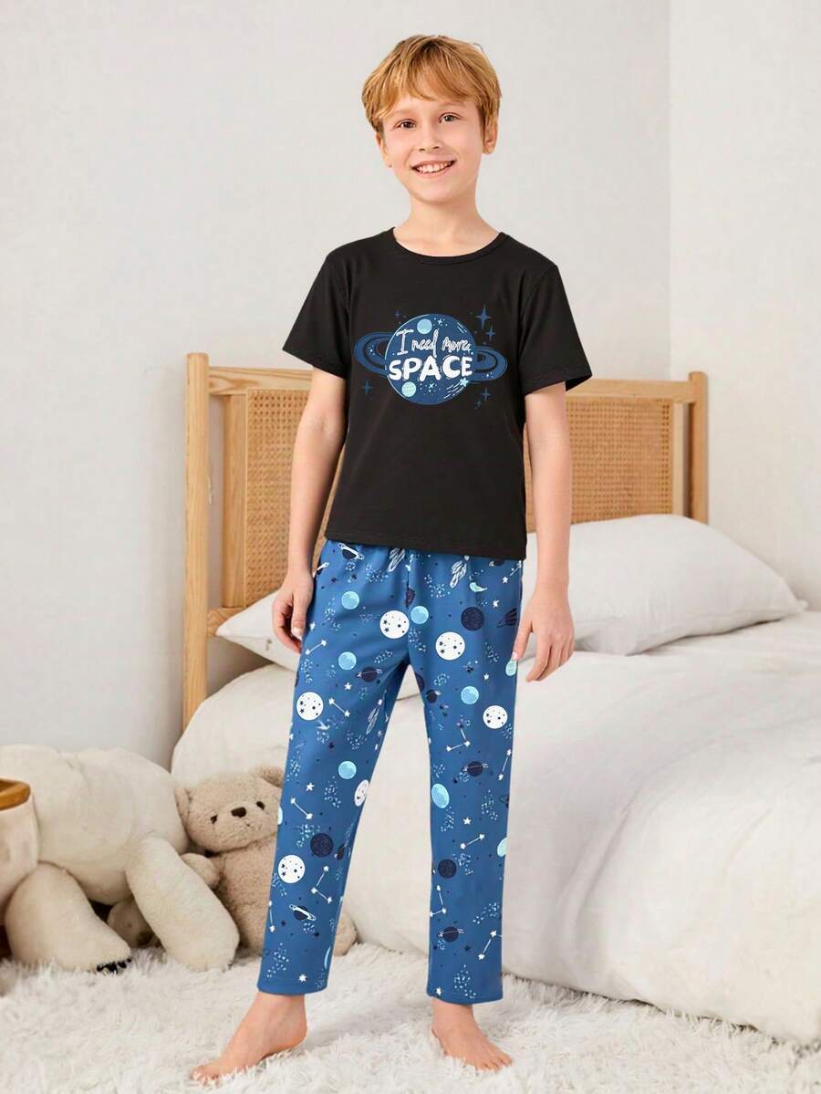 2 件套中大童黑色简约时尚满印太空元素圆领短袖上衣和休闲长裤家居服套装 - 黑色 - 查看 1