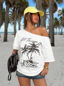 Muchica 新款热带印花休闲宽松单肩女式T恤 - 白色 - 查看 3
