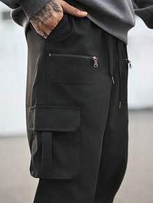 Devon Thys Quần Cargo nam dáng rộng có túi nắp, cạp rút, dài màu đen trơn, đi chơi, mùa thu - màu đen - Xem 3