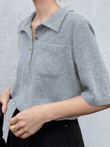 FRIFUL Women's Polo Collar Fitted Metal Button Decor Short Sleeve T-Shirt, Summer - Light Grey - View 2