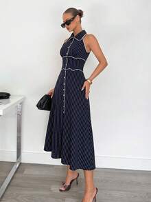 Siren Gaze Đầm midi dáng chữ A không tay cổ bẻ phối màu tương phản dành cho nữ, chất liệu 100% cotton, hàng hiệu Linen. - Màu xanh hải quân - Xem 6