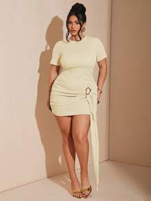 SHEIN BAE Vestido de manga corta marrón con botones de metal dorado para mujer de talla grande, vestido de playa y vacaciones de verano - Albaricoque - Ver 5