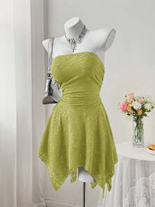 Sweetra 大码女式Y2K复古浪漫性感不对称下摆纹理面料设计迷你连衣裙，无肩带连衣裙，度假连衣裙，学院风连衣裙，日常连衣裙，适合春夏穿着 - 綠色 - 查看 5