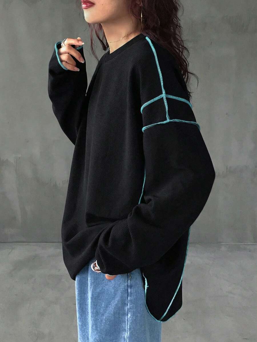 FRIFUL Kaos Wanita Kasual dengan Jahitan Kontras, Lengan Panjang Musim Semi/Musim Gugur - Hitam - View 1