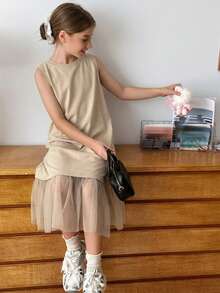 Hapijoa Tween Girls Round Neck Knit Contrast Mesh Dress, Summer - Apricot - View 5
