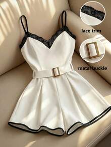 Franclia 女士休闲时尚宽松撞色蕾丝喇叭裤连体裤，适合夏季穿着 - 黑與白 - 查看 4