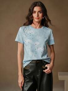 Anewsta Women's Casual Distressed Rhinestone Embellished Pullover T-Shirt - Blue - View 5