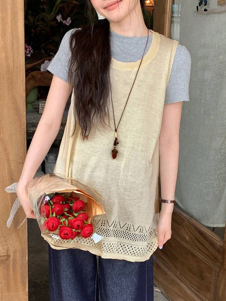 Women's Solid Color Hollow Floral Lace Sleeveless Thin Knit Cardigan, Casual Summer Holiday Vest Top