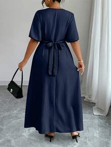 Elenzga Plus Size Women V-Neck Ruffle Trim Short Sleeve Elegant Button Design Dress - Navy Blue - View 2