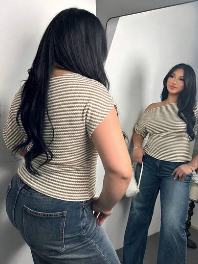 Firerie Plus Size Women's Textured Striped Asymmetrical Shoulder Elastic Ruched Batwing Sleeve T-Shirt Top, Striped Women's Top, Spring/Summer/Autumn Clothing, Commuting, Elegant, Casual, Daily, Work Wear Casual Striped T-Shirt For Women Off Shoulder T-Shirt Top For Women