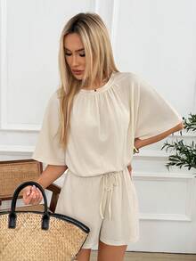 Easowa Combinaison femme col rond couleur unie, manches courtes, taille nouée - Blanc - Voir 4