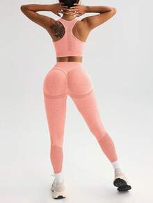 SHEIN Sports 女士纯色露脐背心和紧身裤运动套装 - 泡泡糖粉 - 查看 3
