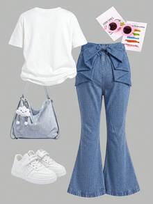 2pcs Set Pakaian Anak Perempuan Modis: Kaos Motif Kupu-kupu Berhiaskan Berlian Imitasi dan Celana Panjang Model Flare Denim Imitasi, Desain Pita 3D, Pakaian Sekolah Musim Semi/Panas - Biru - View 3