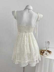 Elamini 女士蕾丝拼接系带Y2K连衣裙 - 杏色 - 查看 2