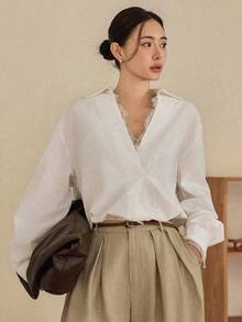 Dazy-Less Spring/Summer Lace Patchwork Long Sleeve Elegant Casual Shirt For Women, Suitable For Dates, Weddings, Commuting Business Casual Woman - Beige - View 6