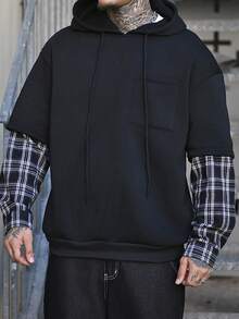 Devon Thys 男士休闲宽松格子撞色袖落肩抽绳连帽衫，长袖，外出，图案，色块，适合秋季 - 黑色 - 查看 4