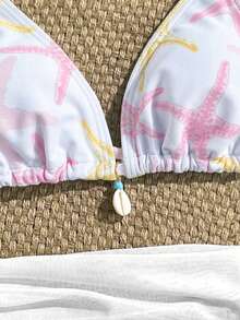 SHEIN Conjunto de bikini de 3 piezas para adolescentes con parte superior triangular y Bottom de corte alto con estampado aleatorio y textura de concha, para vacaciones de verano - Rosa - Ver 5