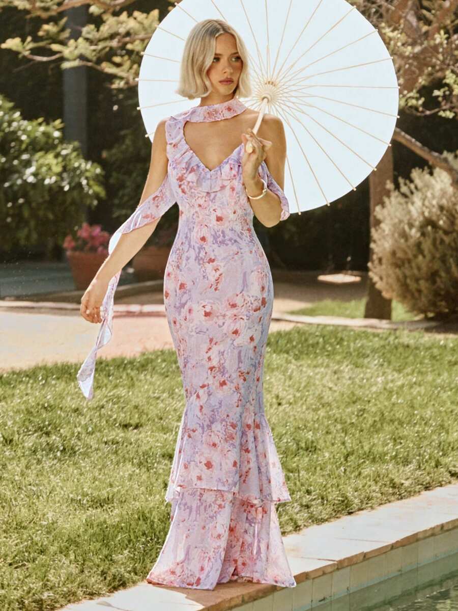 L'Amorae Đầm ôm dáng phong cách nghỉ dưỡng gợi cảm dành cho nữ, họa tiết hoa toàn thân, vạt bất đối xứng xếp nếp, kèm thắt lưng. - Nhiều màu - Xem 1