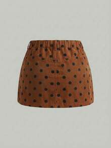 SHEIN MOD Rok Mini Denim Kasual Saku Motif Polkadot untuk Wanita Ukuran Plus - Coklat - View 2