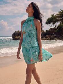 Nevyona Đầm ngắn nữ thanh lịch in họa tiết, có dây đeo vai – Trang phục đi biển mùa hè - Màu xanh Bạc hà - Xem 5