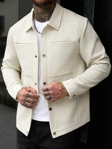 Manfinity Homme 男士夹克，男士休闲纯色夹克，适合所有季节的百搭男士纽扣衬衫夹克，男士休闲工装口袋纯白色纹理衬衫夹克，休闲简约风格，都市成熟风格，英伦绅士风格，意式优雅风格，男士衬衫夹克，白色男士衬衫夹克，白色夹克 - 杏色 - 查看 5