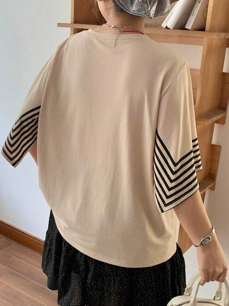 Dazy Plus Plus Size Women's Casual Loose Fit Crew Neck Striped Flare Sleeve All-Match T-Shirt, Spring/Summer