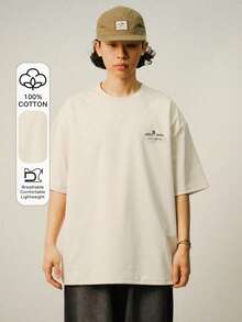 DAZY 男士夏季圆领短袖休闲字母印花T恤、图案T恤 - 米色 - 查看 2