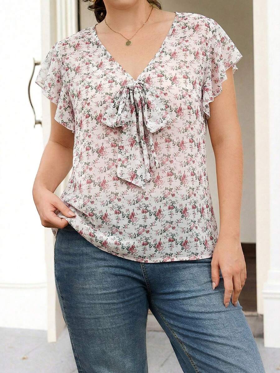 SHEIN Frenchy 大码女式夏季休闲碎花系带袖衬衫 - 彩色 - 查看 1