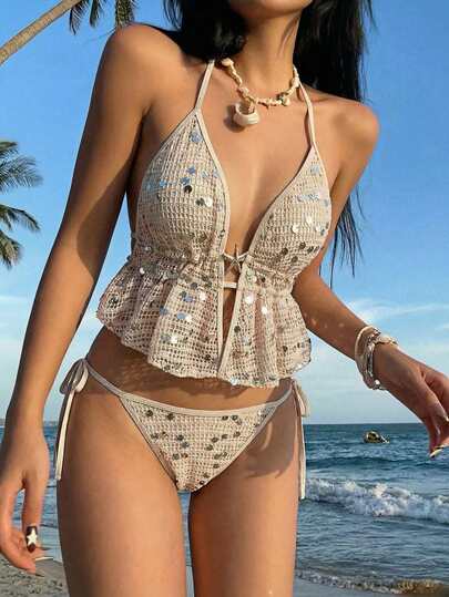 SHEIN MOD Bộ đồ bơi tankini gợi cảm, màu trơn, đính sequin, buộc dây cổ, dành cho nữ, thích hợp đi biển mùa hè.