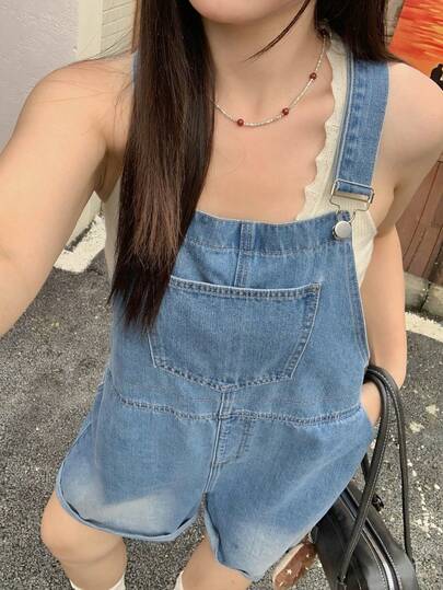 Dazy Plus Vintage Western Cowgirl Washed Blue Distressed Short Denim Bib Overalls, Cropped Street Style Plus Size For Women, Spring/Summer