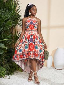 SHEIN 少女优雅简约露背热带植物印花无袖连衣裙，夏季度假 - 彩色 - 查看 3