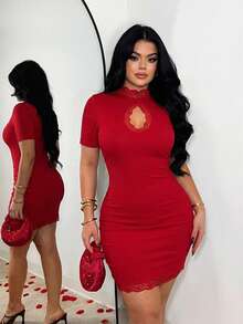 SHEIN SXY 性感蕾丝拼接镂空连衣裙 - 紅色 - 查看 4