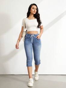 SHEIN Tall Women's High Waist Tummy Control Drawstring Denim Capris, 4 Way Stretch Casual Summer Capri Length Jeans Women's Drawstring Waist Pocket Casual Skinny Capri Length Jeans - Light Wash - View 4