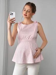 Momance Áo bầu và cho con bú kiểu dáng mới, chất liệu dệt họa tiết hoa nhí, dây đeo mảnh, nơ thắt ở vai, viền bèo nhún, thời trang, đa năng, thanh lịch, có khóa kéo. - Hồng - Xem 3