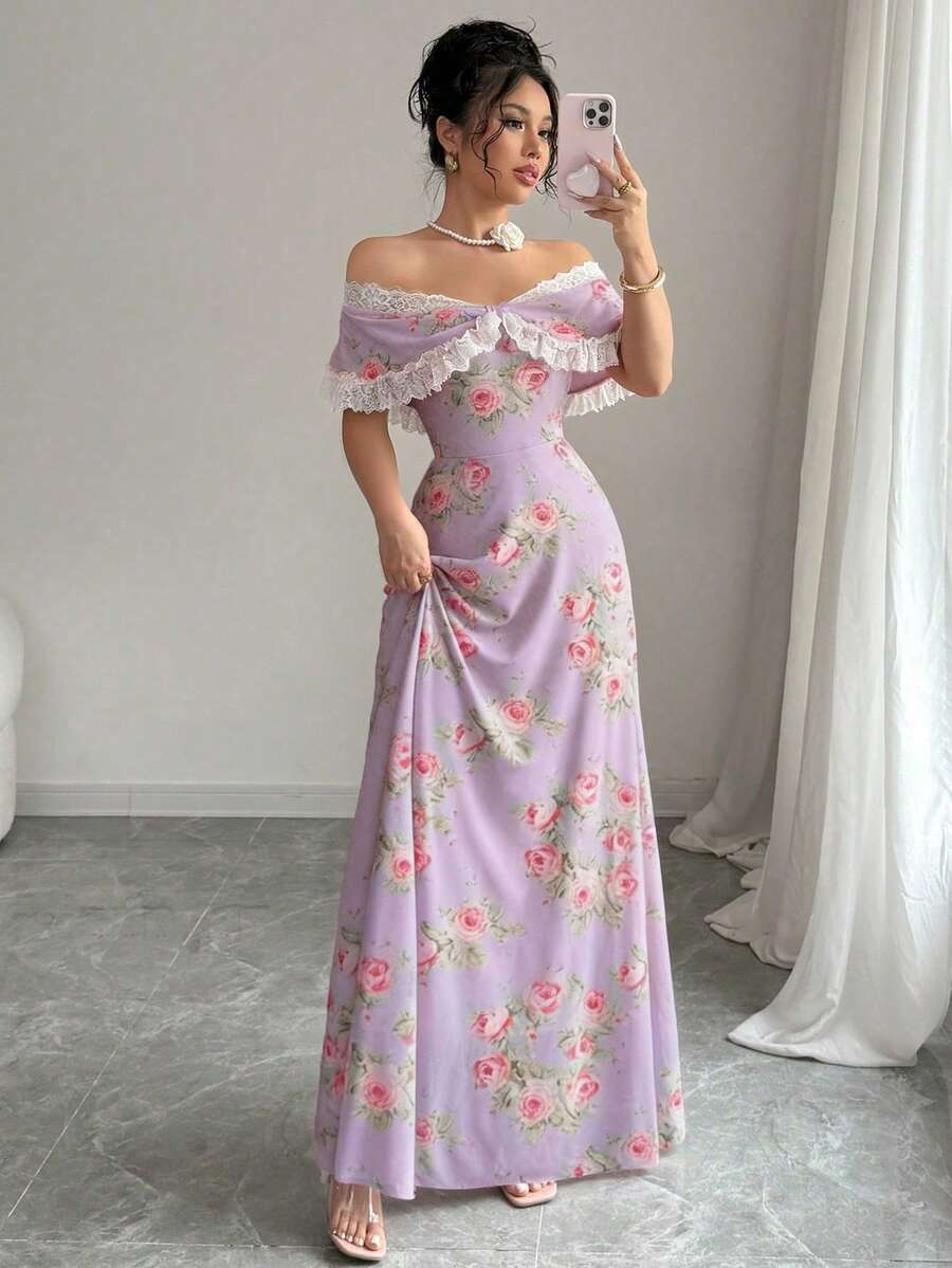Rafferiza Petite 女款復古花卉印花蕾絲拼接露肩修身洋裝,適合嬌小女性 - 紫色 - 查看 1
