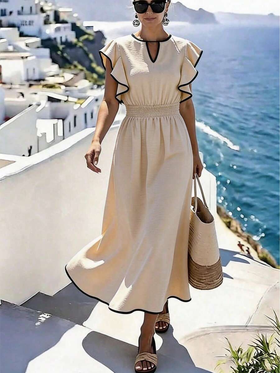 SHEIN Holidaya 女士春夏圆领修身A字沙滩休闲连衣裙，蜜桃黑格子连衣裙，撞色拼接连衣裙，夏季沙滩休闲连衣裙，休闲外套，日常穿着