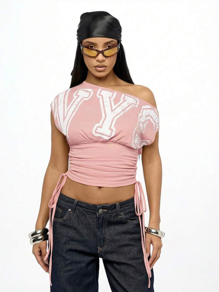 SUMWON WOMEN Plus Size Off Shoulder Ruched Side Drawstring NYC Graphic Letter Print T-Shirt Top With Cropped Hem Casual Streetwear